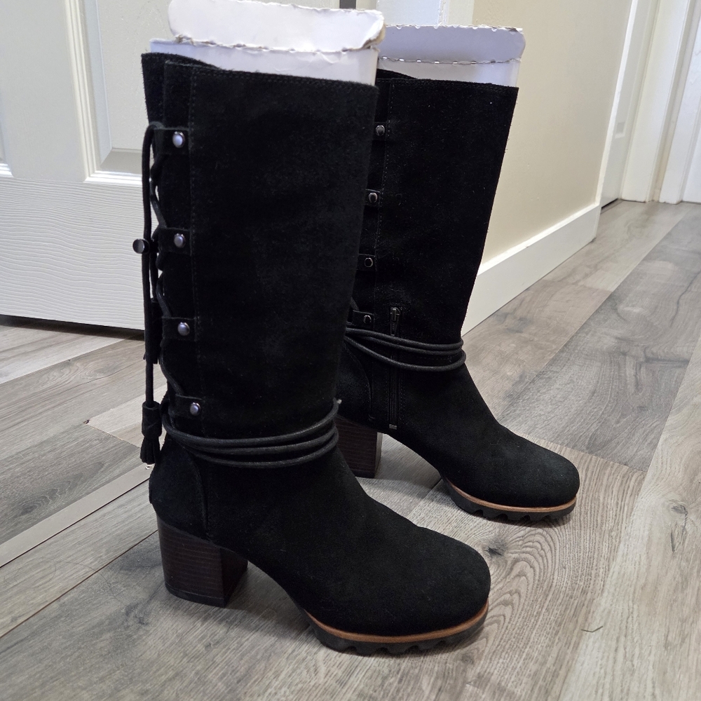Sorel Black Suede Knee-High Block Heel Boots - Picture 2 of 9